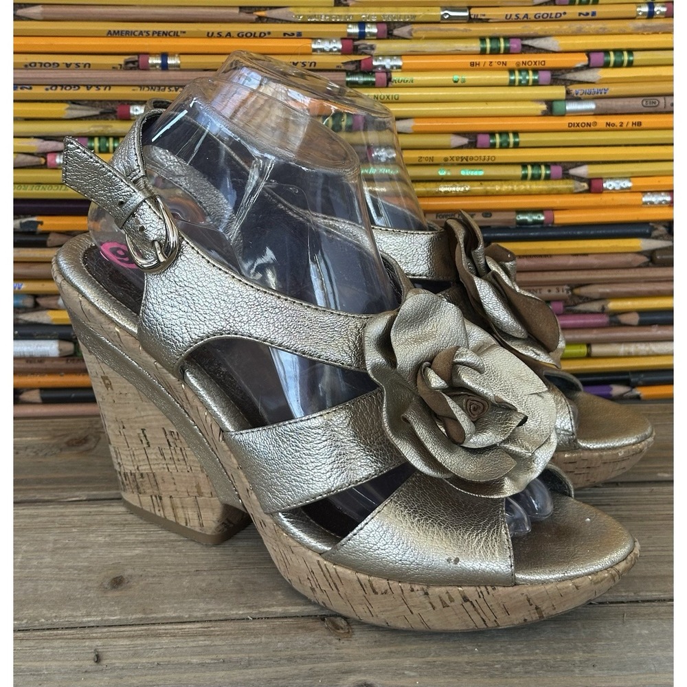 Sofft Cork Wedge Heels Sandals Gold Leather Platform Women’s Sz 9 M